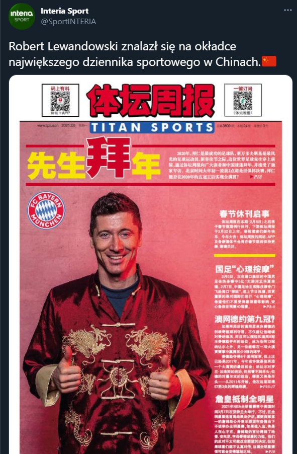 Lewandowski na okładce największego chińskiego dziennika sportowego!